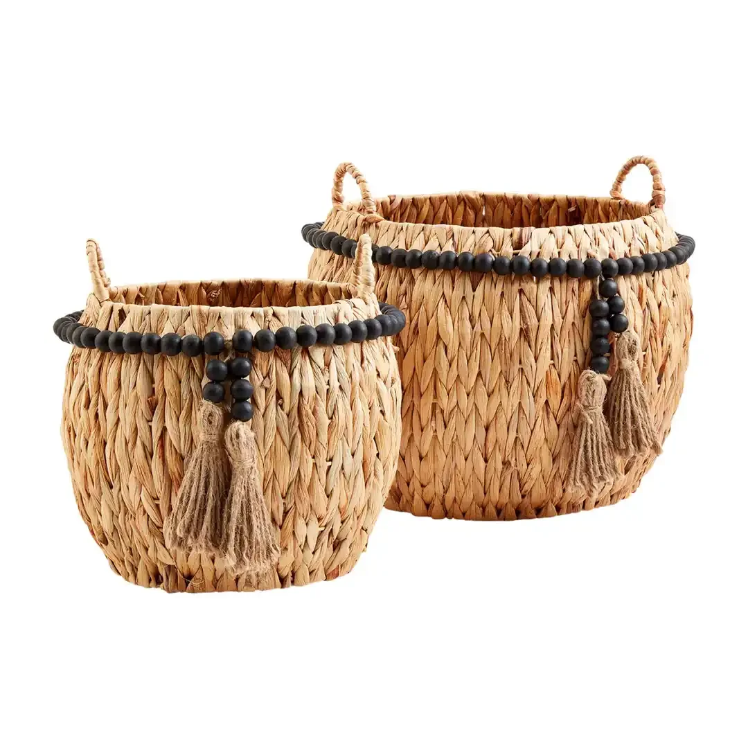 High Quality Water Hyacinth Beaded Storage Basket OEM Designs Customize Boho Storage Basket from HNH Craft Best Price