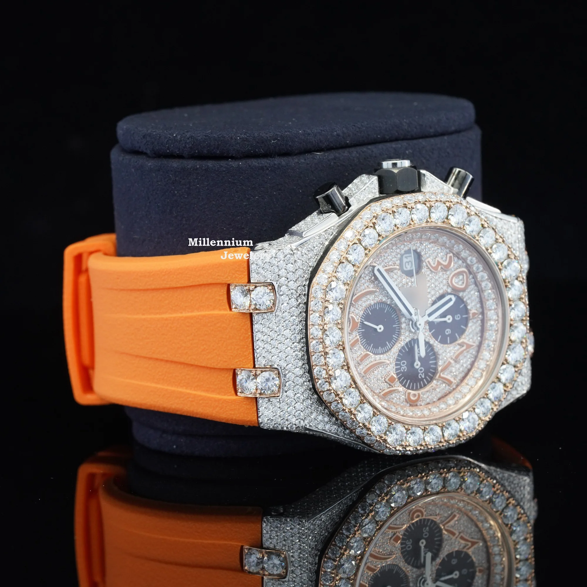 Top Selling Branded Iced Out Moissanite Watch Hip Hop Bust Down Chrono Watch For Men Rubber Belt Watch At Wholesales Price