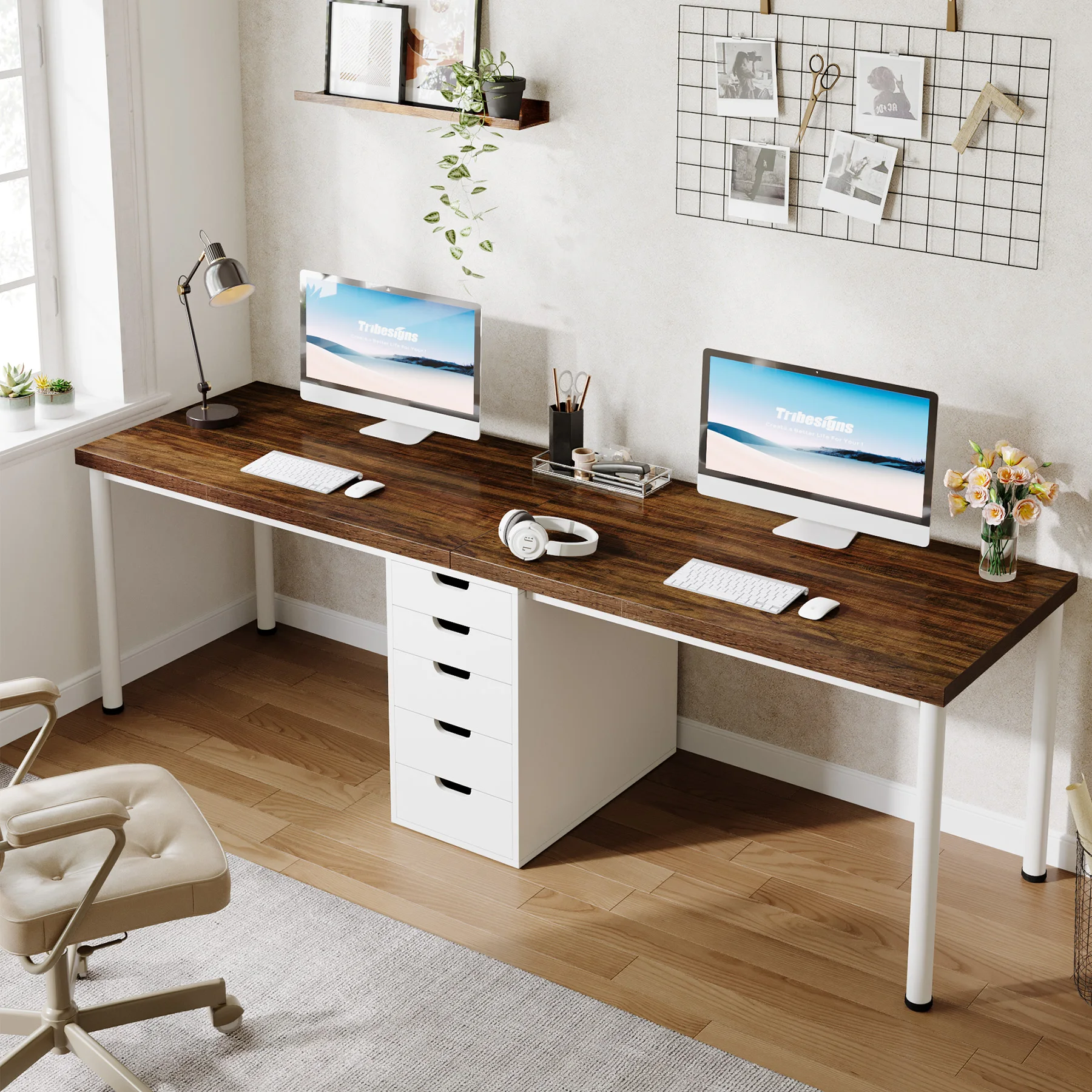 Tribesigns Two Person Computer Desk with 5 Drawers Study Writing Table Workstation Modern Simple Double Computer Desk