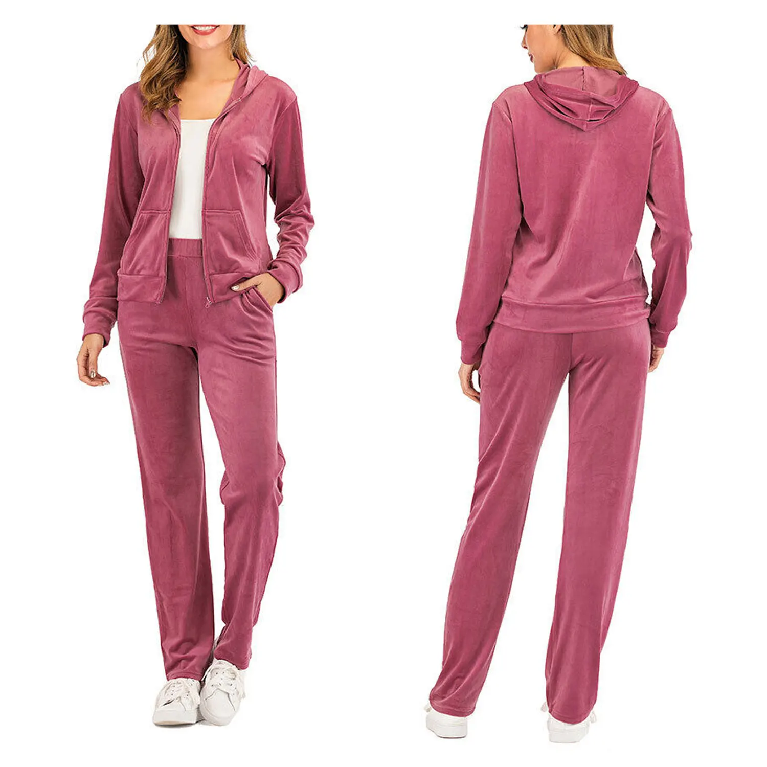 Buy 2024 Ultimate Luxury Solid Velvet/Velour Tracksuit Women Zip Up Hoodie And Sweatpants Set With Custom Color