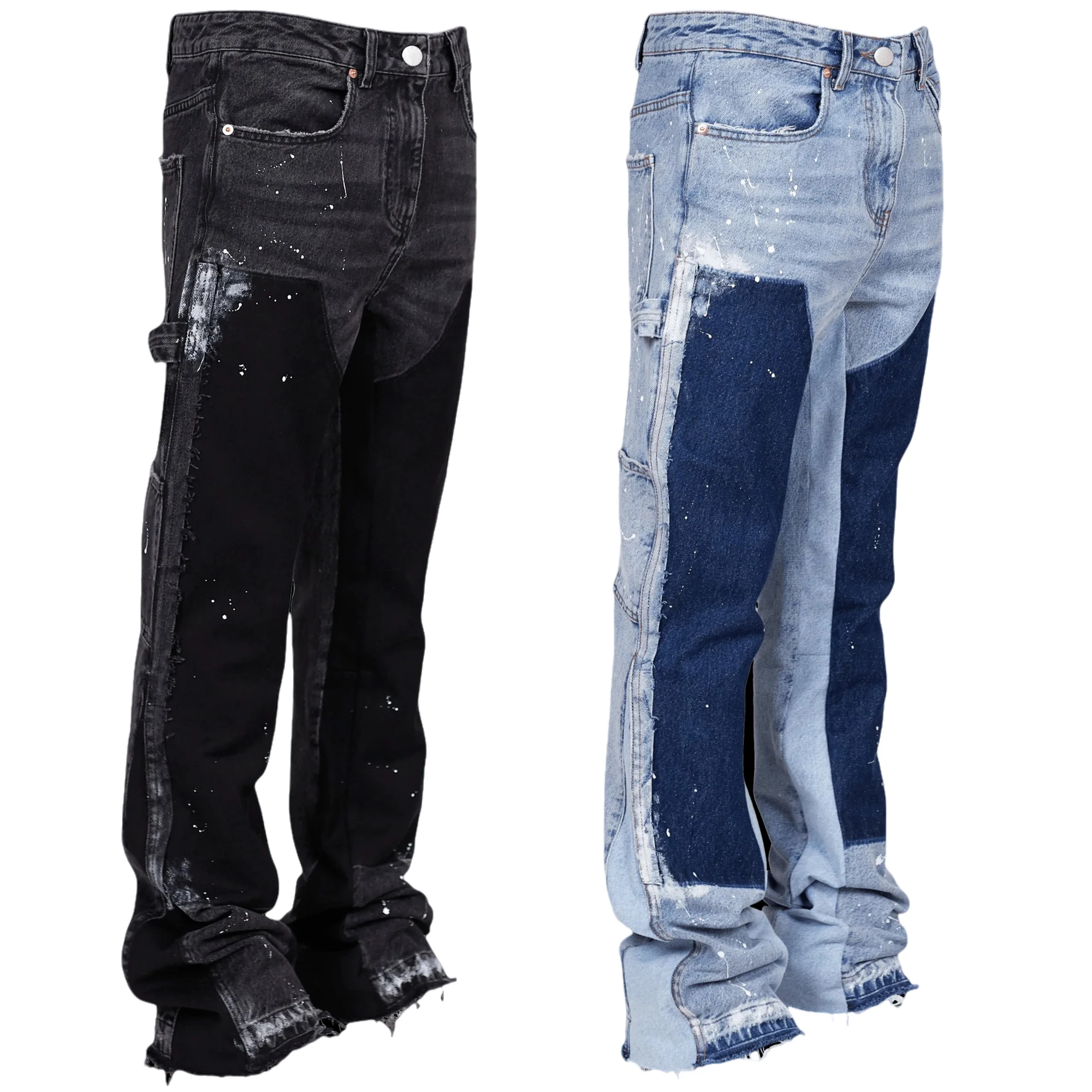 Fashion Custom Black Splattered Slim Fit Washed Pants Skinny Stacked Denim Flare Jeans Men