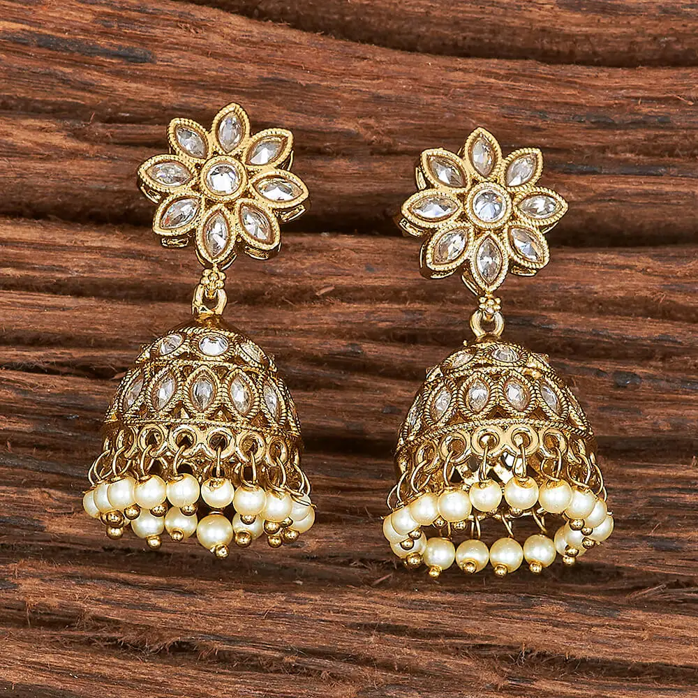 Latest Wholesale Quality Of Mehndi Plated Antique Reverse Ad Stone Jhumki Earring With Pearls