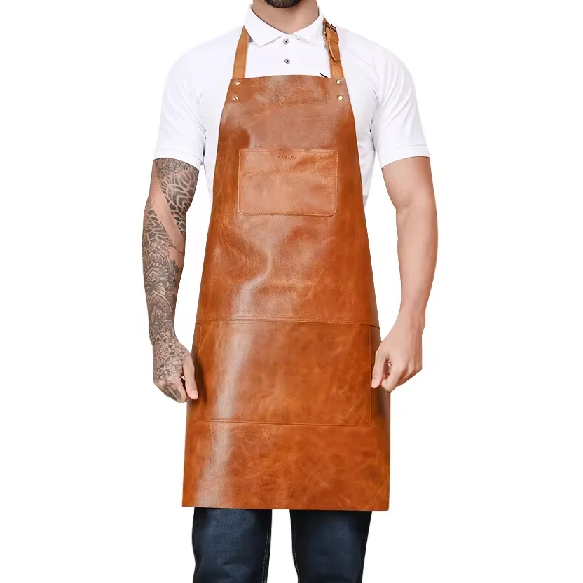 Wholesale Customized Genuine Leather Grill Welding Apron Handcraft Cow Dermis Brown Uniform Bib BBQ Apron with Pockets Logo