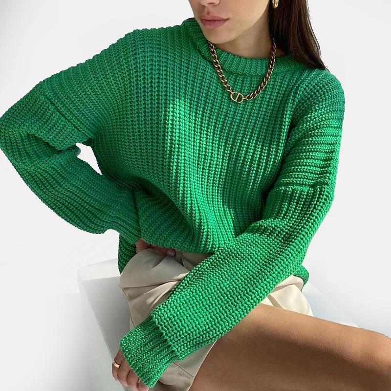 Женский трикотажный пуловер с круглым вырезом