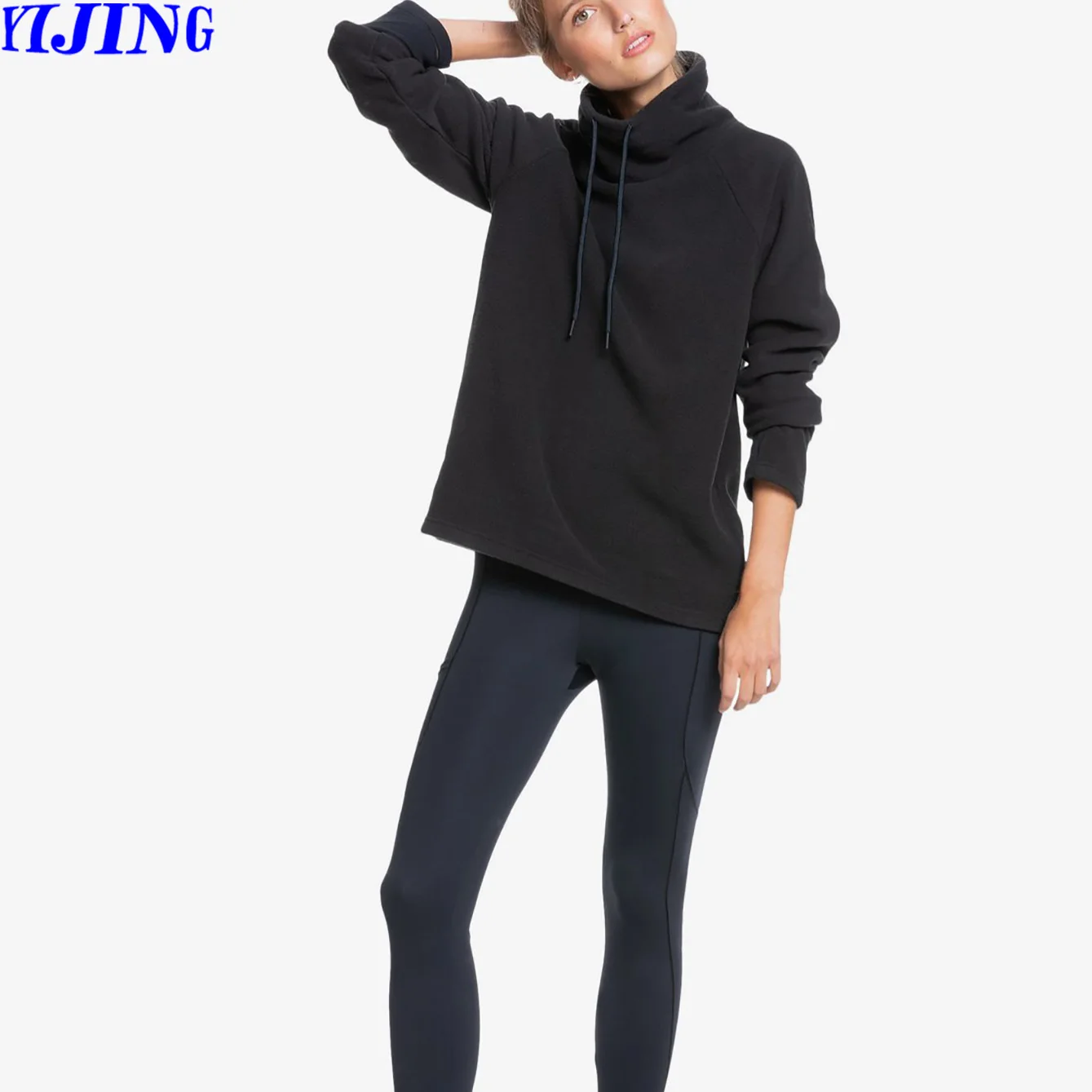 100% Cotton Long Sleeve Front Pocket PullOver Sweatshirts High Collar Dropped Shoulder Hoodies Funnel Neck Hoodie For Women