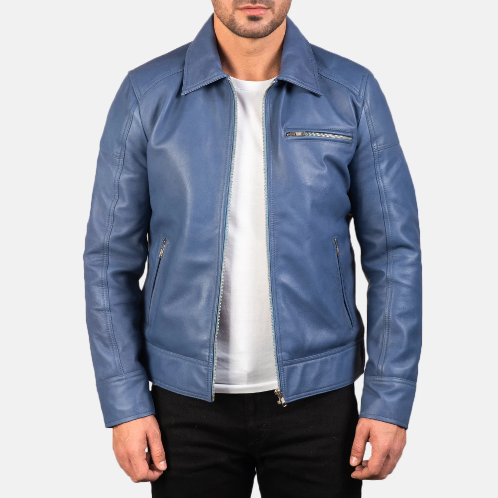 Real Leather Sheepskin Aniline Zipper Blue Men leather Jacket with Viscose Lining and Inside Outside Pockets highly breathable