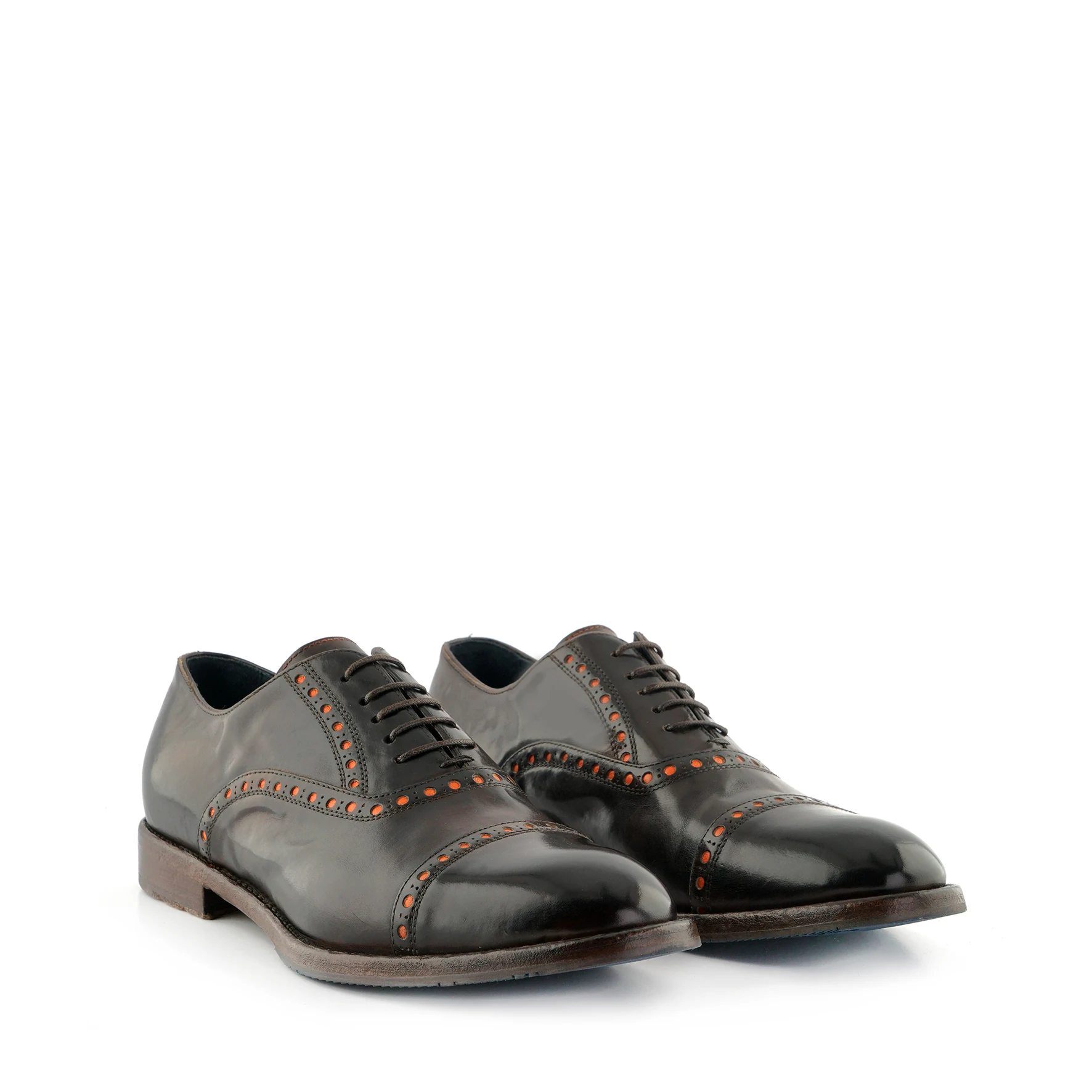 HIGH QUALITY MAN CLASSIC SHOES  DARK BROWN LEATHER, ORANGE BICOLOR LACES, COMFORTABLE MADE IN ITALY