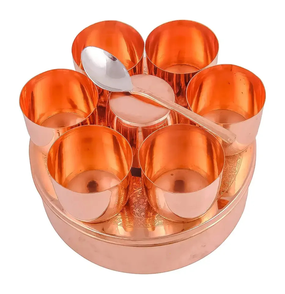 COPPER Spice Box/Masala Dabba For Kitchen With Lid, 7 Spice Containers And 1 Designer Spoon, Masala Canister