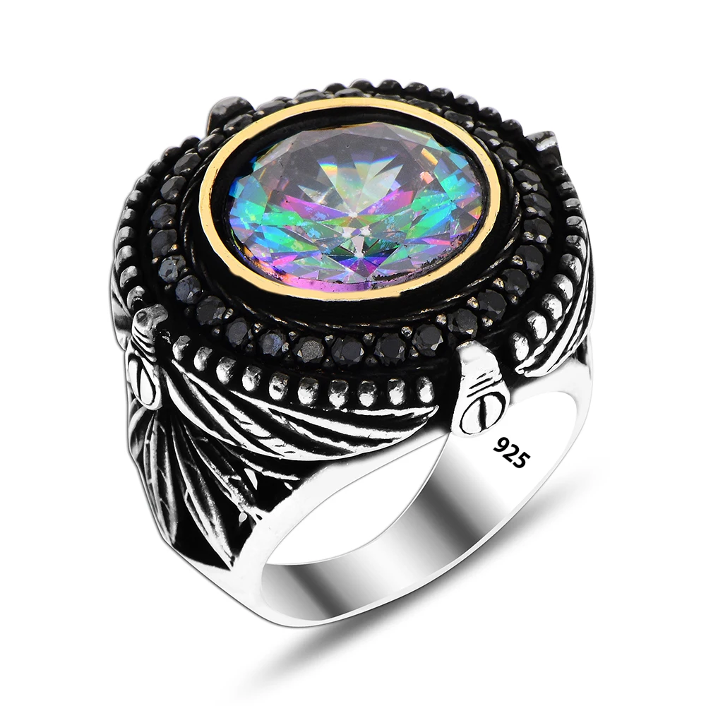 Mystic Topaz 925 Sterling Silver Men Ring Accessories Gift for Man Traditional Turkish Ring for Men Arabic Trendy Square Ring