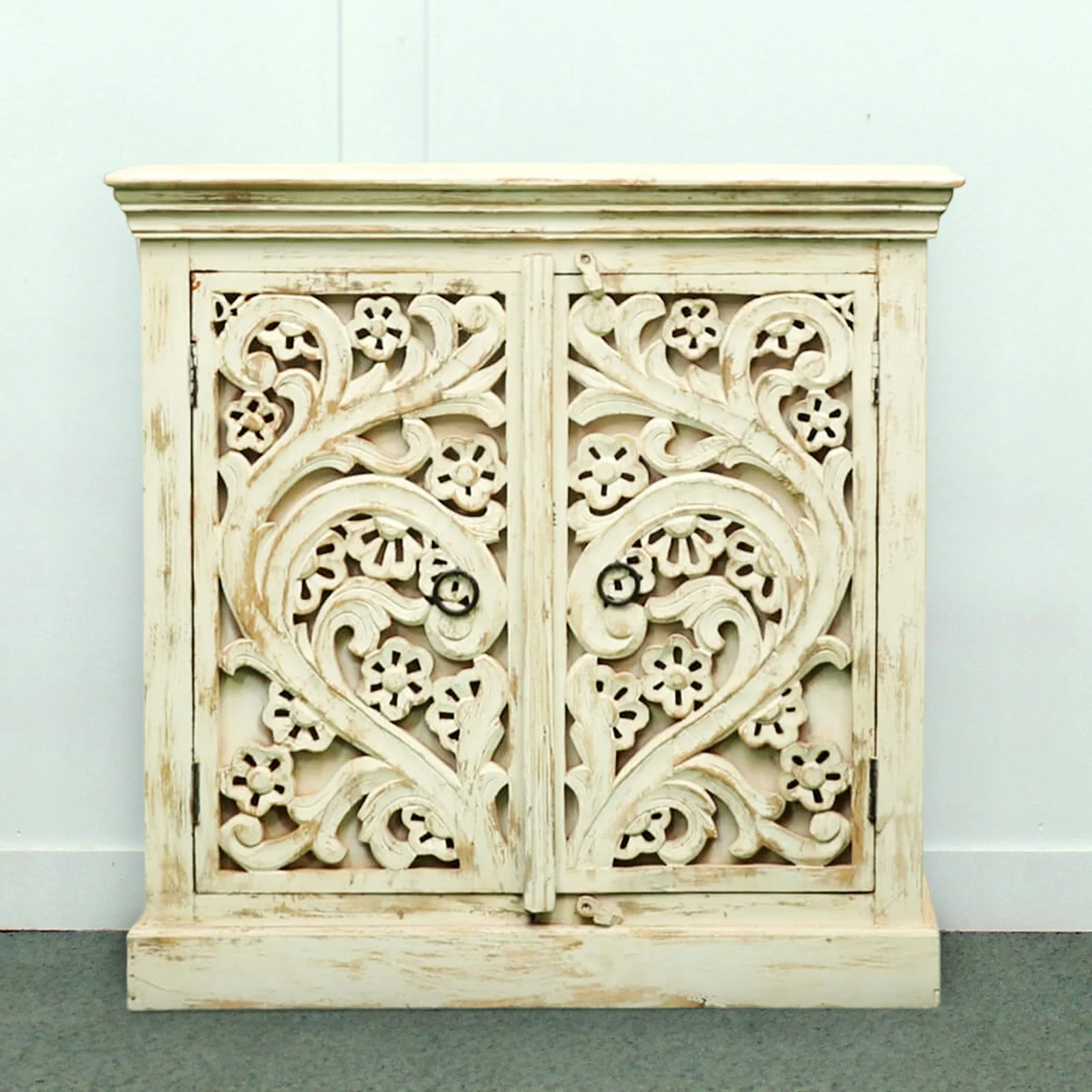 Distressed White Wash Farm house Look Shabby Chic Solid Mango Wood Two Door Storage Cabinet Sideboard Hand Carved Handmade