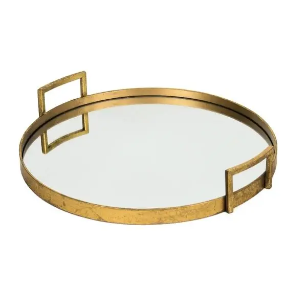Hot Selling Well Design Metal Iron Round Circular Plate & Aluminium Wire Handle With Glass Base Gold Plated For Wedding Function