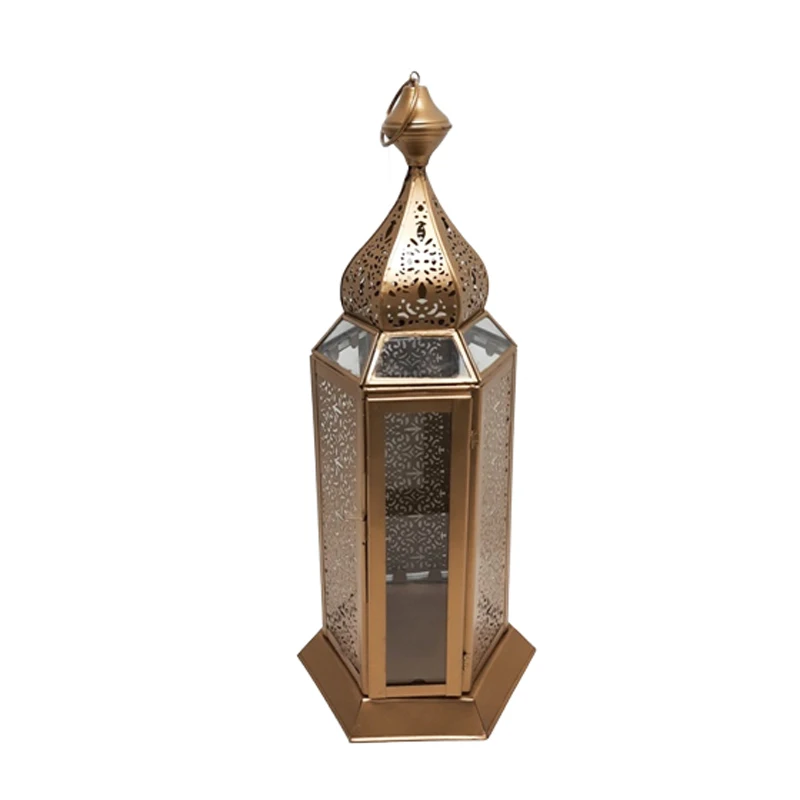 Wedding Decorative Glass & Iron Promotional Moroccan Lantern With T-Light Holder Large Size Gold Colour for Home Decoration