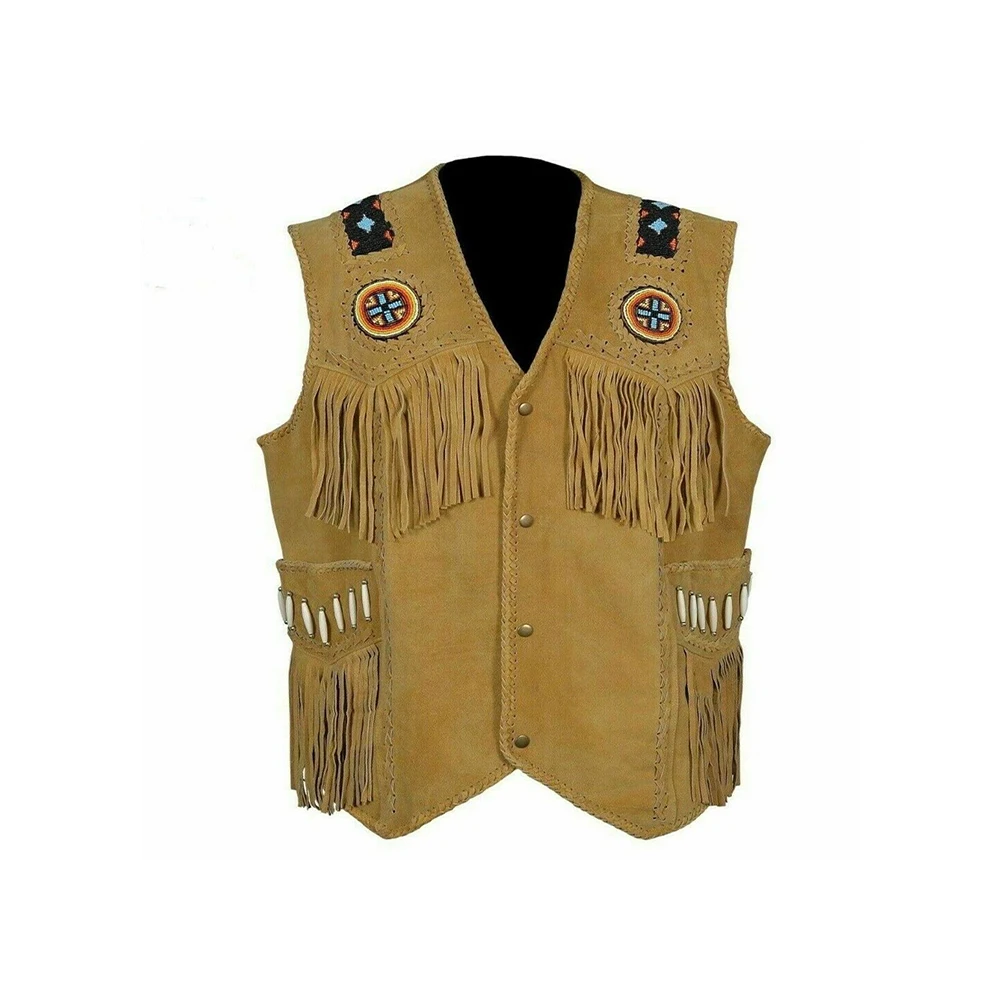 Men Cow Suede Leather Fringed & Beaded Hand Made Work American Style Indian Style Men Leather Vest