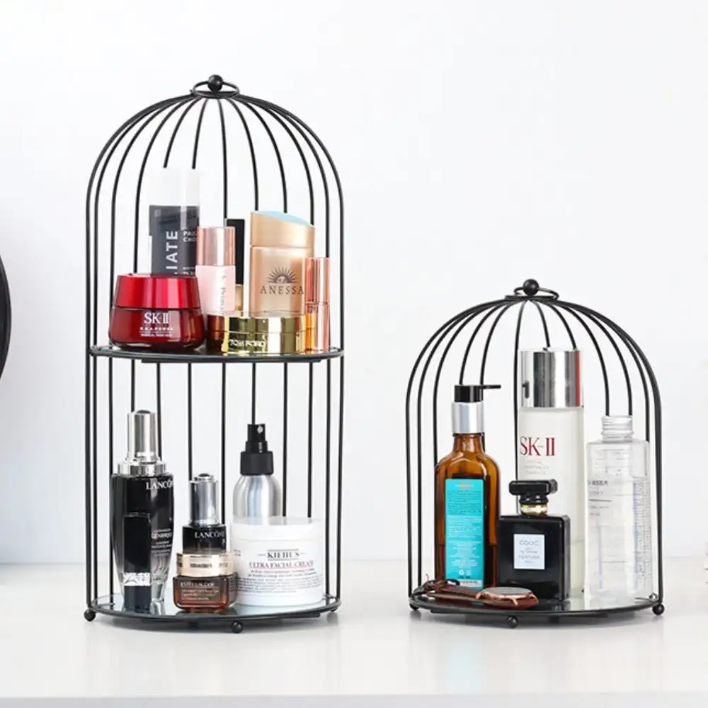 Wholesale Glass and Gold Metal Cage Rack for Bathroom and Bedrooms for Cosmetic Products Makeup Organizing and Decor