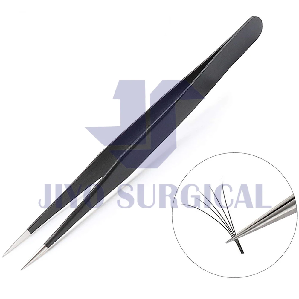 Black With Silver Point Eyelash Extension Tweezers Fiber Tip Customize Tweezers Stainless Steel Lash Tweezers Own Logo Accept