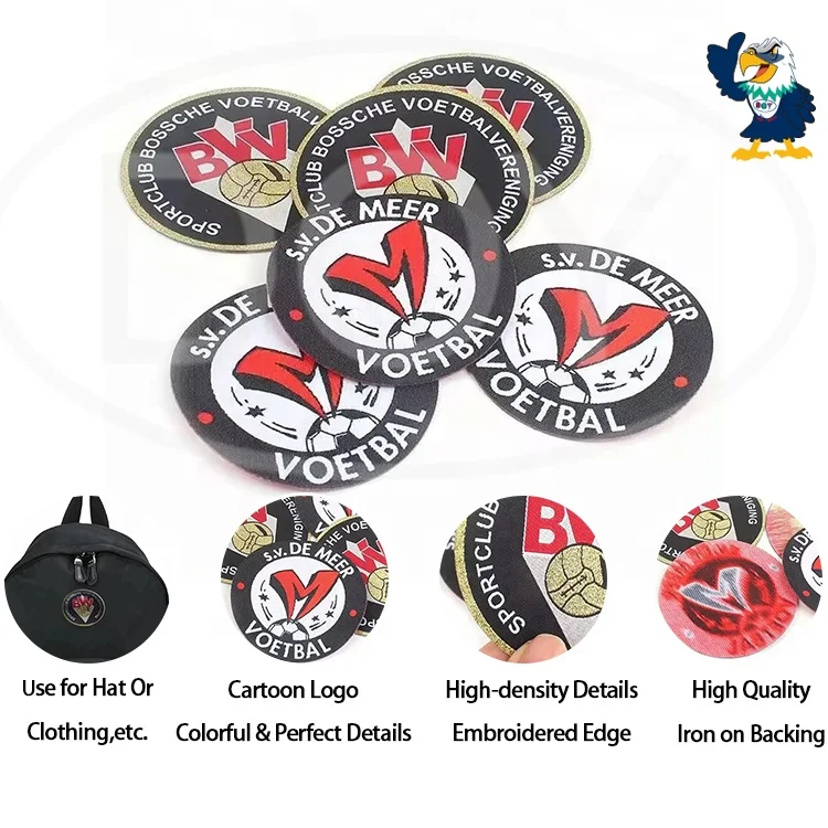 Iron on Soccer Team Club Parches Wholesale Custom DIY Logo Metallic Thread Woven Patches for Clothes