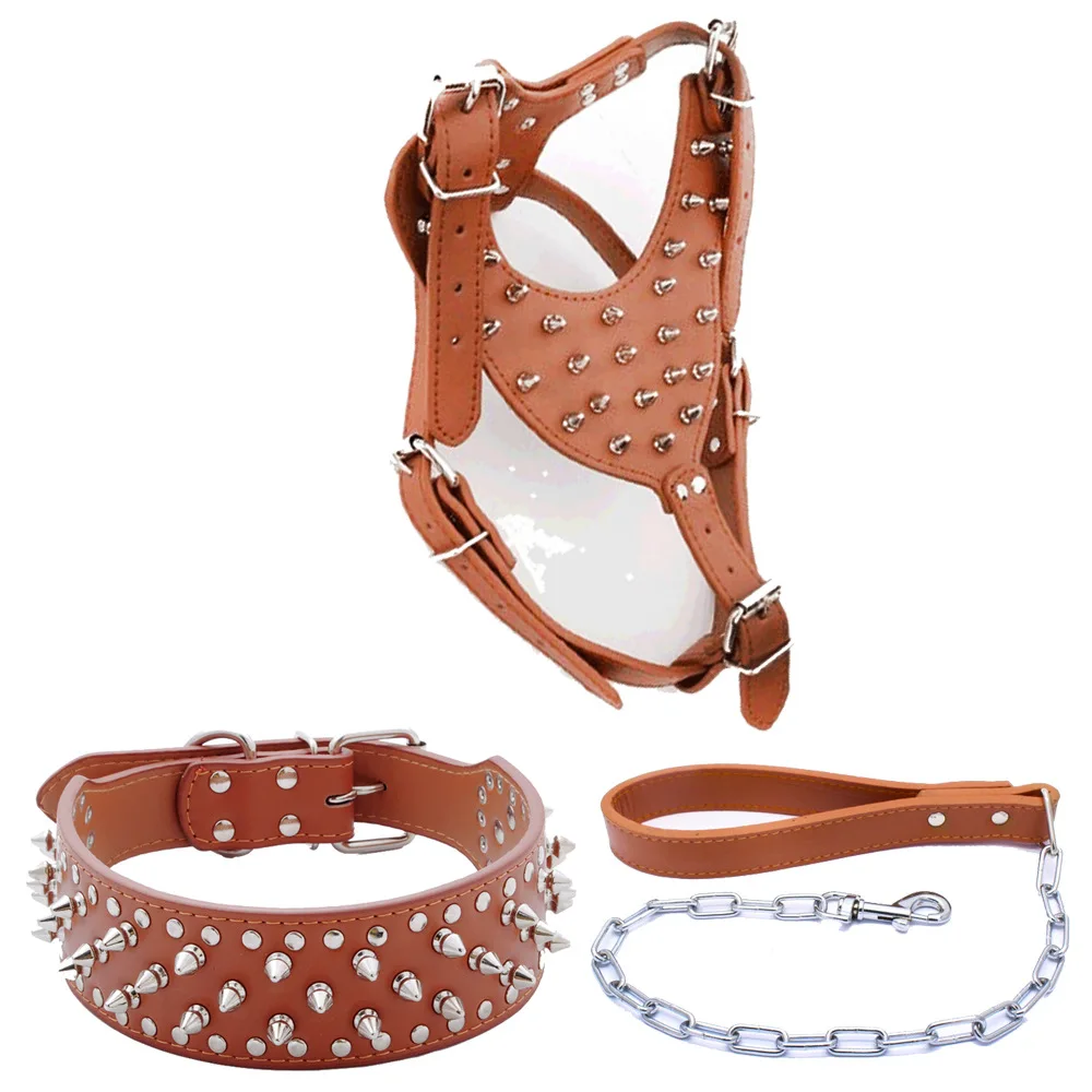 Luxury PU Harness Leather Dog Collar with Rivet Studded Dog Spikes Harness Leash Set Pets Stocked Solid Rivet Dog Walk Walking