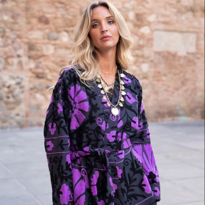 Handmade Beautiful Black Purple Cotton Embroidery Suzani Short Jacket Women Wear Floral Beach Wear Party Wear Winter Warm Jacket