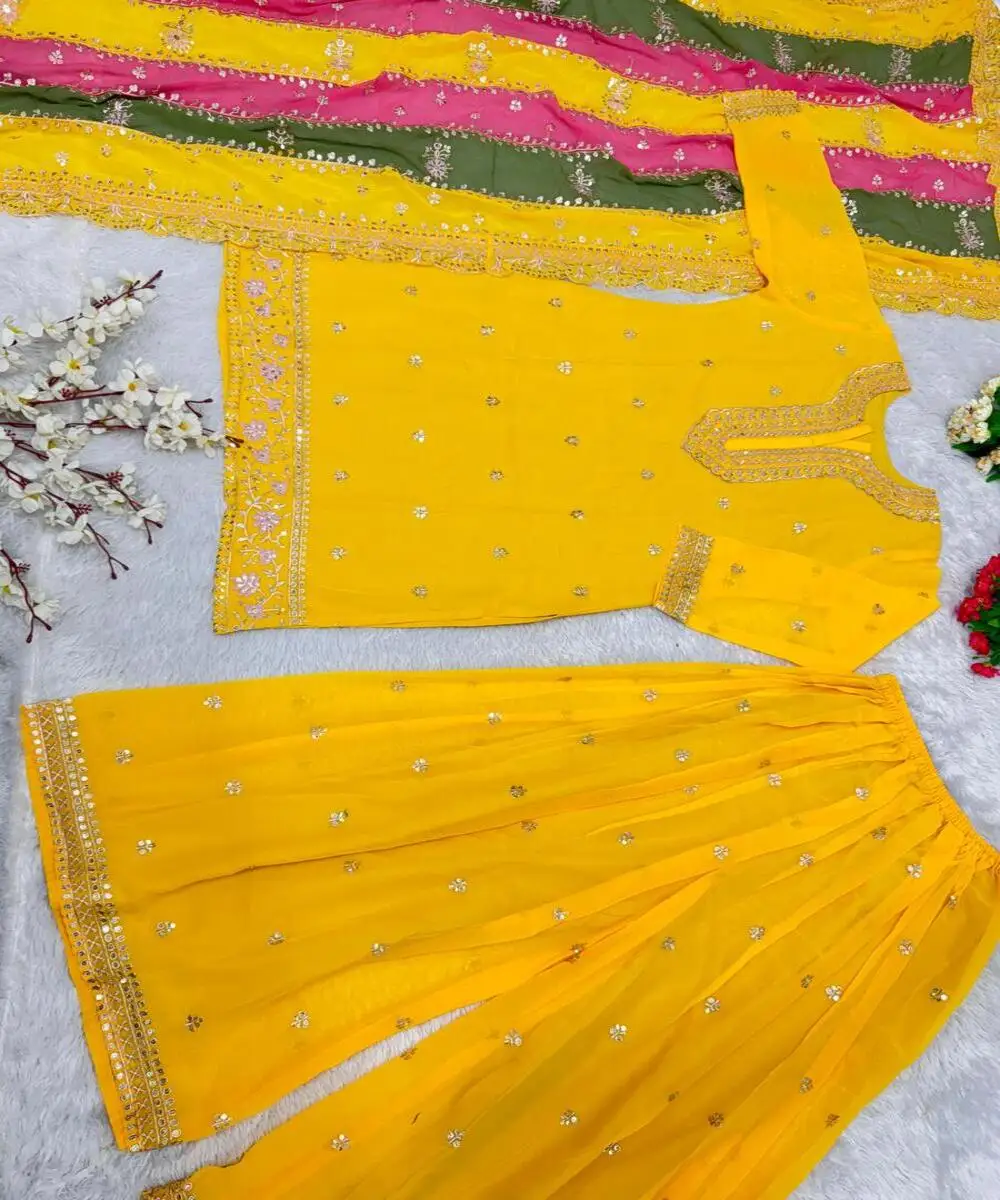 Chic Festival Wear Georgette Kurti with Vibrant Floral Embroidery and Delicate Tussle Detailing Office Wear Linen Kurti Pant set