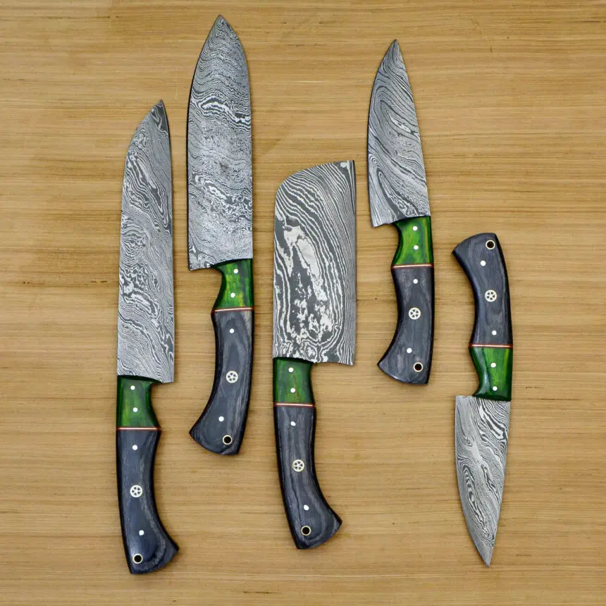 Custom Handmade Damascus Chef set Of 5pcs With Leather Cover Kitchen Knife Damascus Knife Set Kitchen knives set