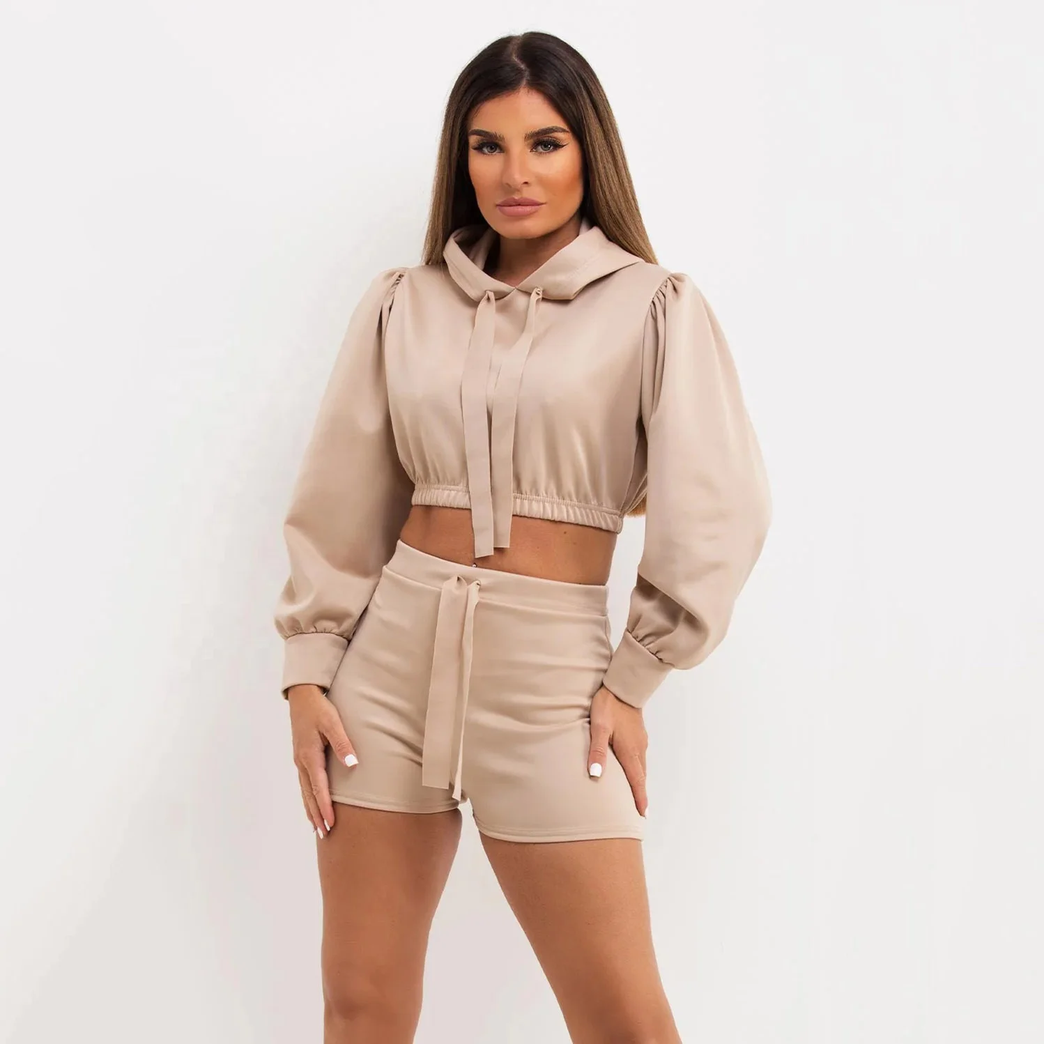 Baby Blue Crop Hoodie And Shorts Set Fashionable Crop Top Hoodies Women Two Piece Set Slim Fit Women Crop Hoodies And Shorts