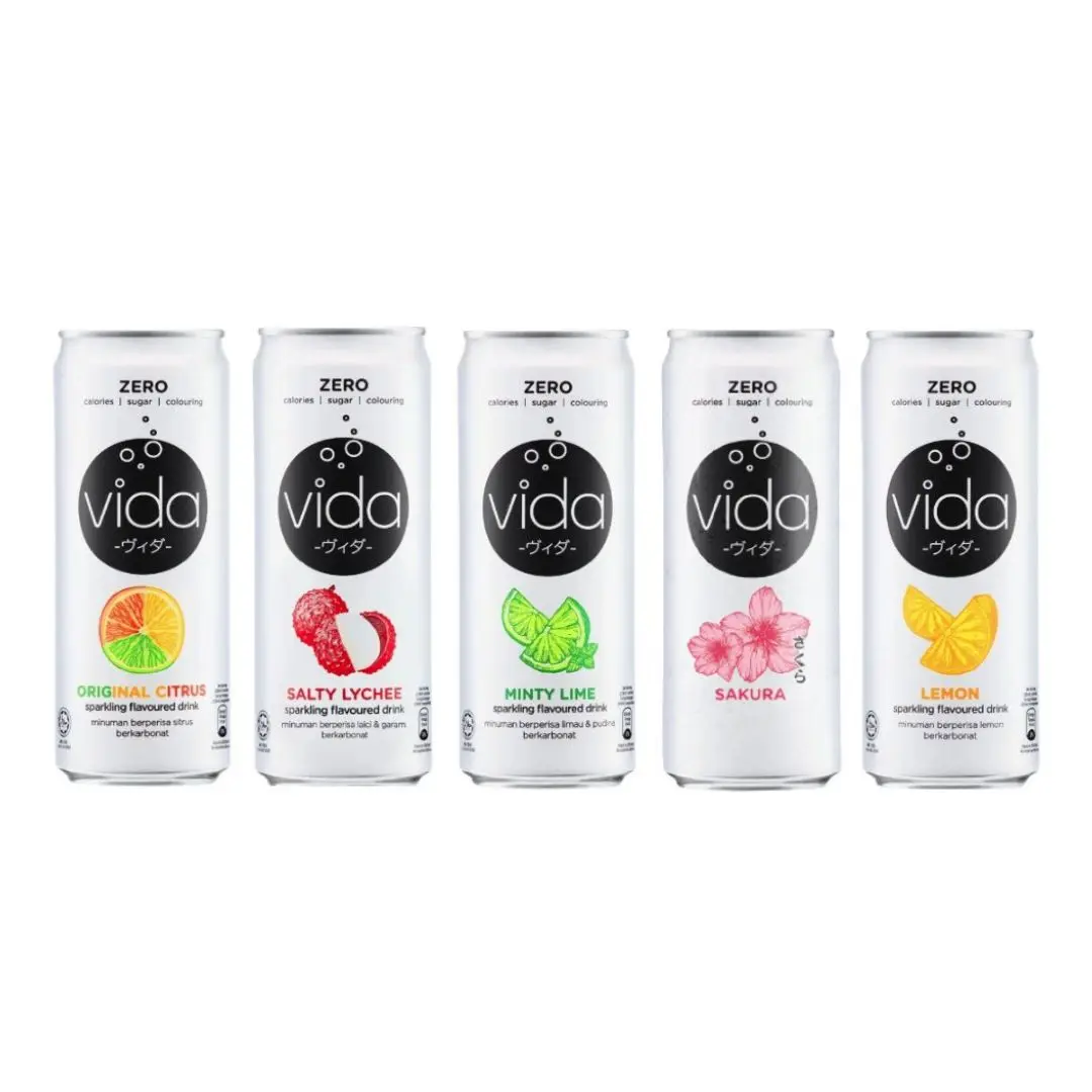 Vida Zero Sparkling Drink - 5 Flavors (325ml x 24 Cans) Salty Lychee/ Minty Lime/ Original Citrus / Lemon / Sakura