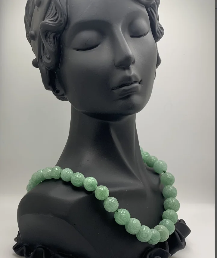 Carved Aventurine Bead Necklace with Asian Motifs, Sterling Silver Clasp Scarf Necklace, Fringe beaded bandana