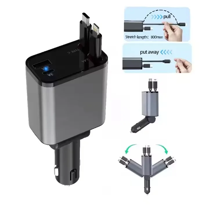 Trend Products 4 In 1 Retractable Fast Car Charger For Phone And Type C Retractable Cables And 2 Charging Ports Charger