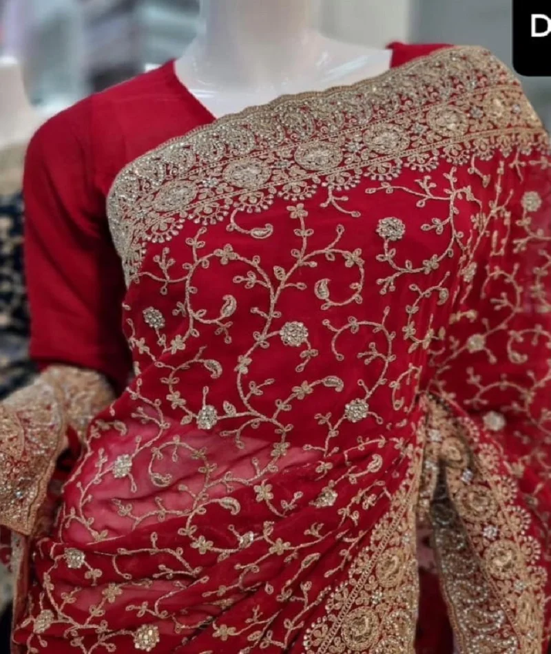 Indian Manufacture and Wholesale Traditional Wear Dress with Heavy Embroidery Work Georgette Saree with Blouse Pieces for Women