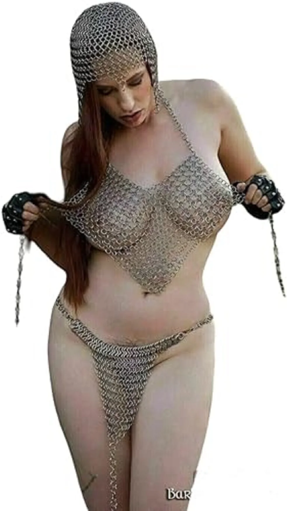 Medieval Women Bikini Viking Hot Sexy Fancy Chain mail 3 Piece Set Bra Pantie Coif Chain mail .