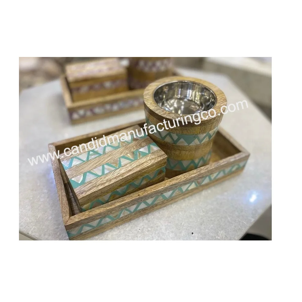 Best Price Bakhoor Burner Set of 3pcs Handmade Wood Tray Box with Mother Pearl Resin Tea Scent Perfect Gift India Manufacturer