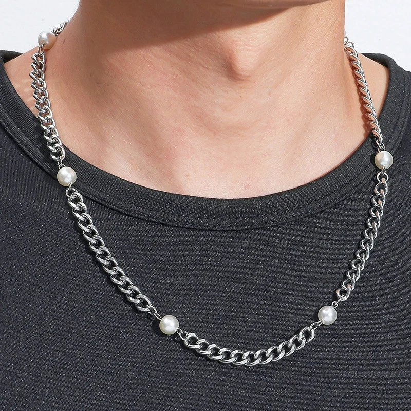 Handmade Mens Freshwater Pearl Chain Necklace Minimalist Stainless Steel Freshwater Pearl Decor Cuban Link Chain Necklace Men