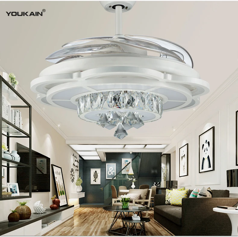 The high-selling elegant crystal lamp fan decorative crystal hidden blades ceiling fan invisible ceiling fan with light