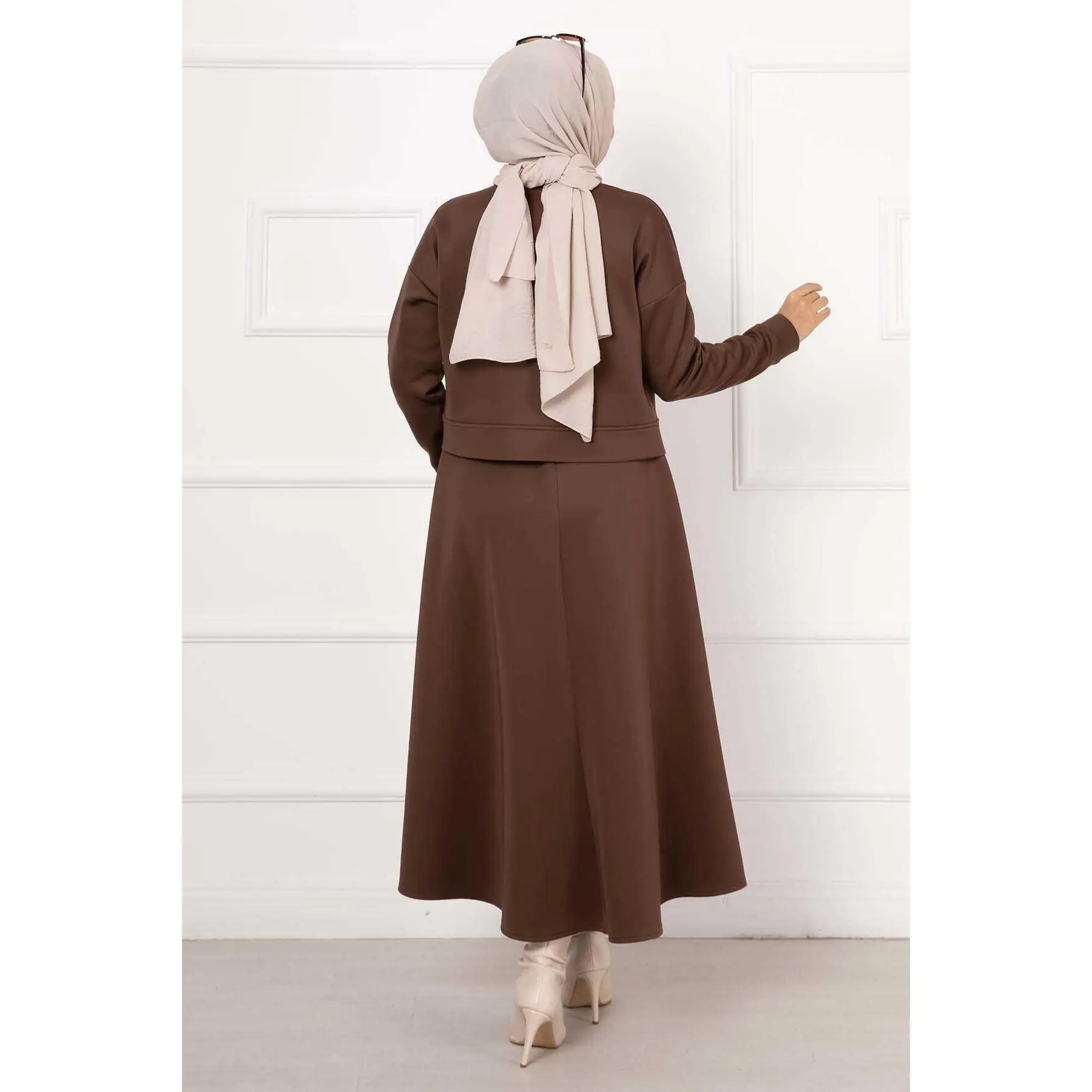 Skirted Scuba Fabric 2 Piece Set Brown