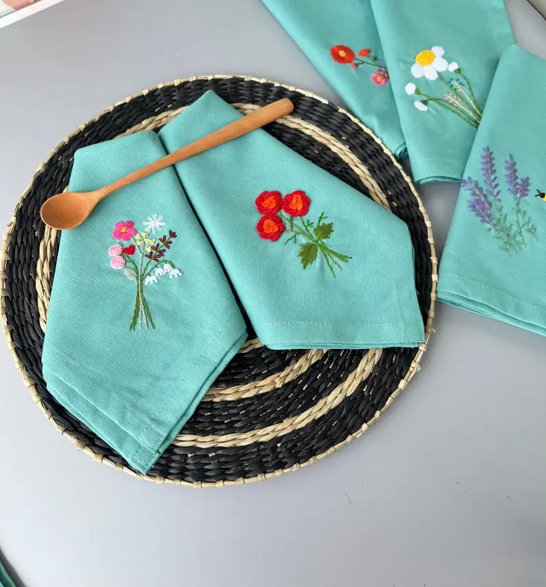 Flower Embroidered Linen Napkins Set Reusable Hand Embroidered Wildflower Table Decor for Family Dinners