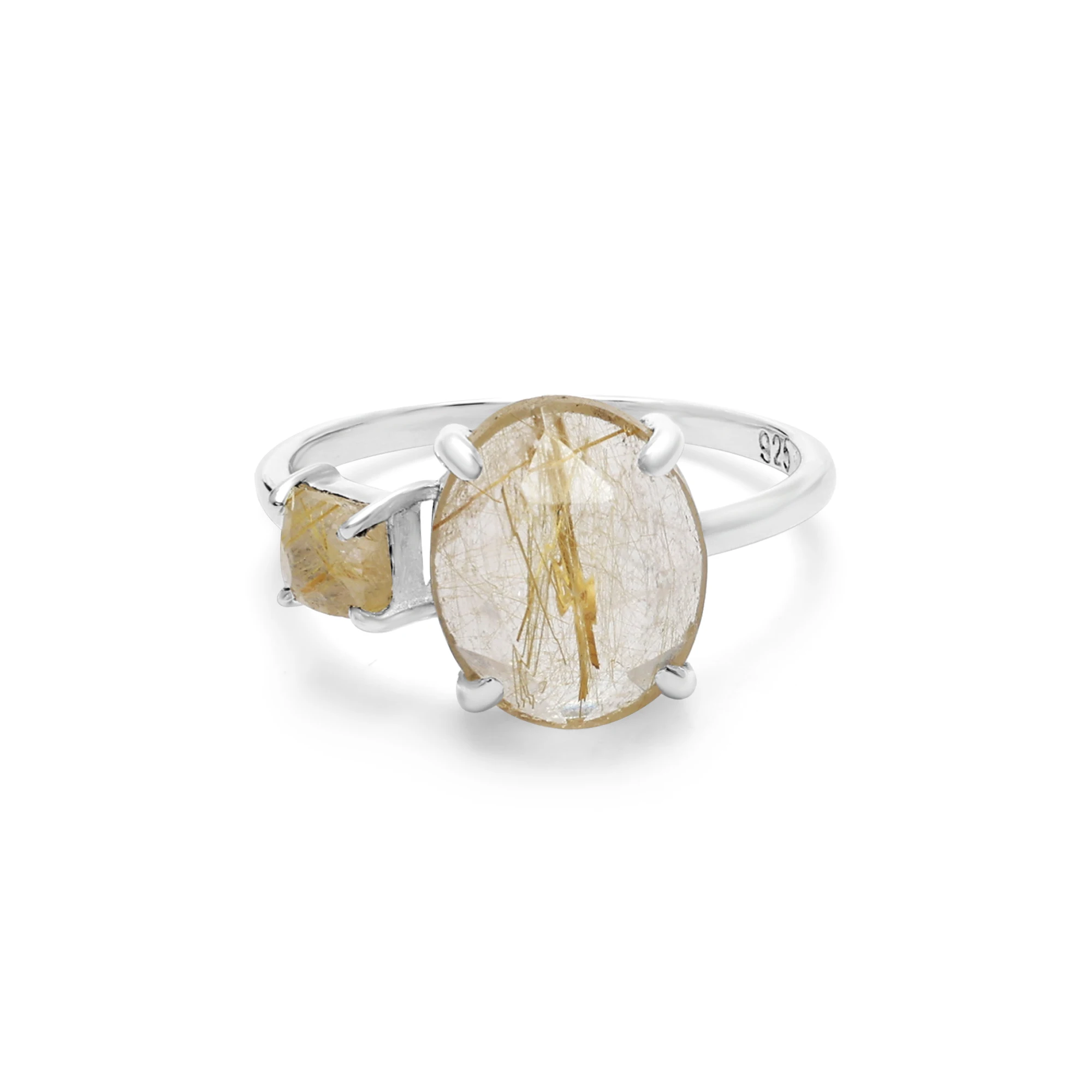 Unique 925 Sterling Silver Solid Trendy Oval Square Cut Golden Rutile Cabochon Gemstone Band Ring Solid Fine Jewelry For Women