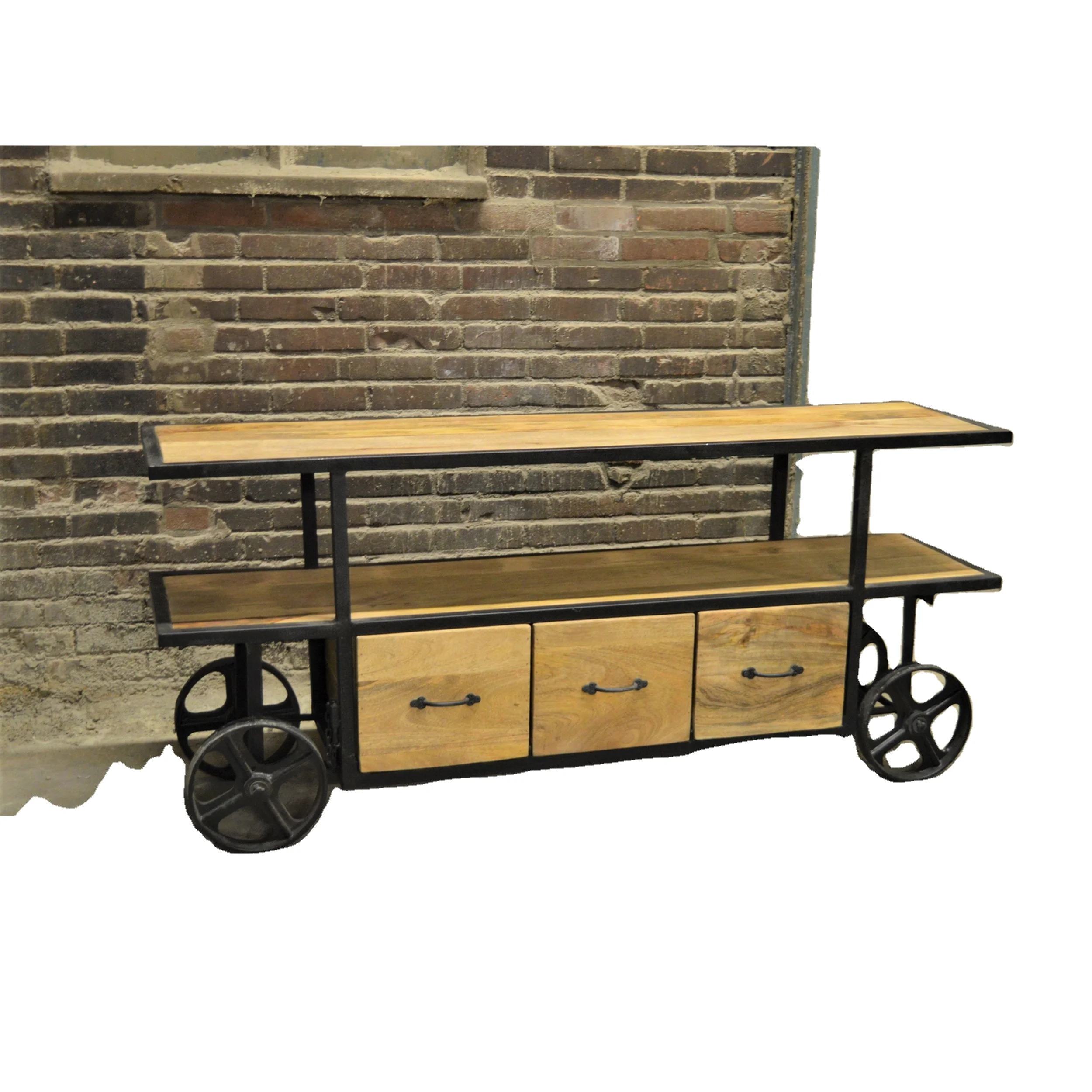 Industrial 2024 High selling console table with storage and wheels New design vintage style industrial console with wheels