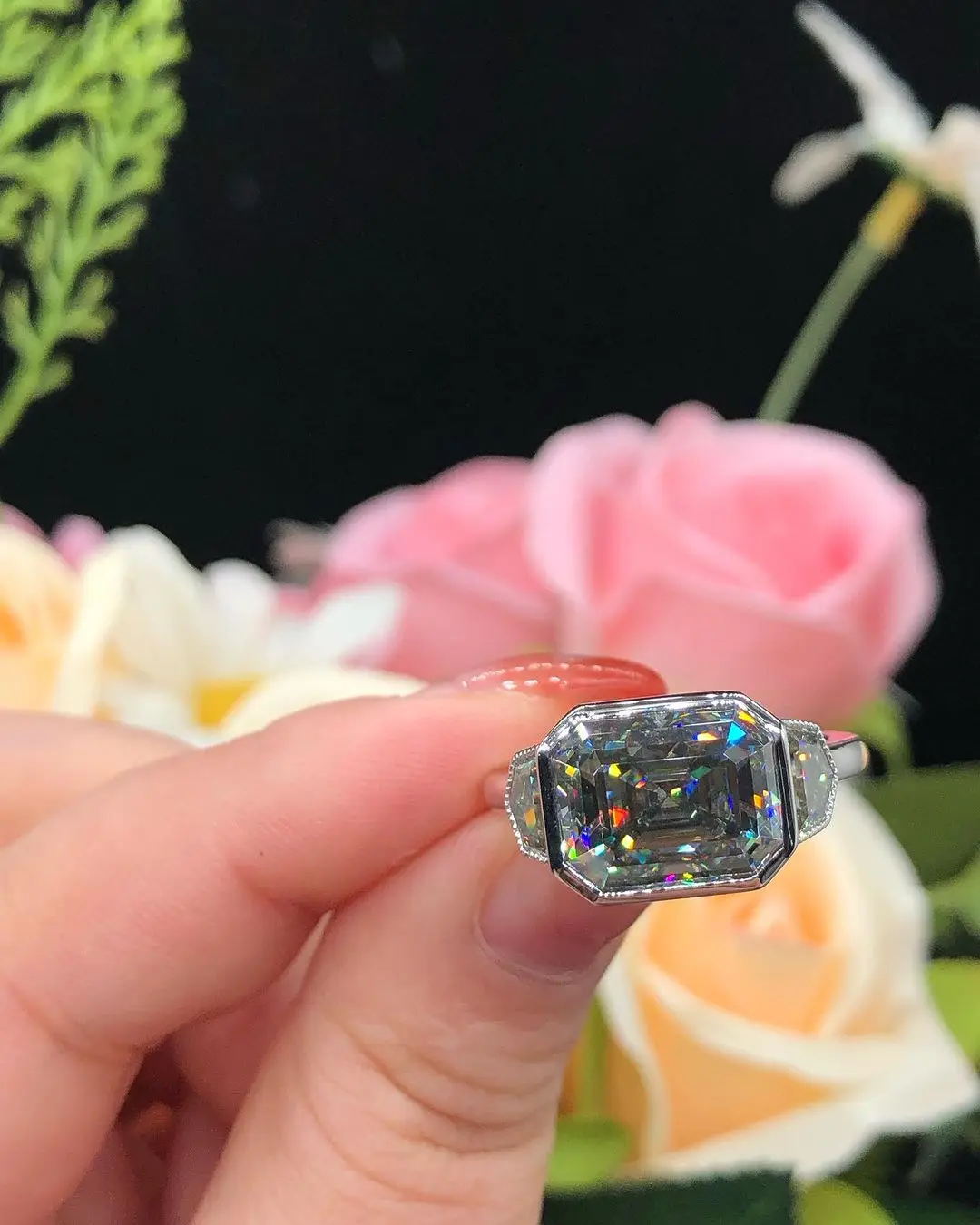 East West Gray Moissanite Ring Bezel Set Three Stone Engagement Ring 4.00 CTW Emerald Cut Grey Moissanite Wedding Ring Silver