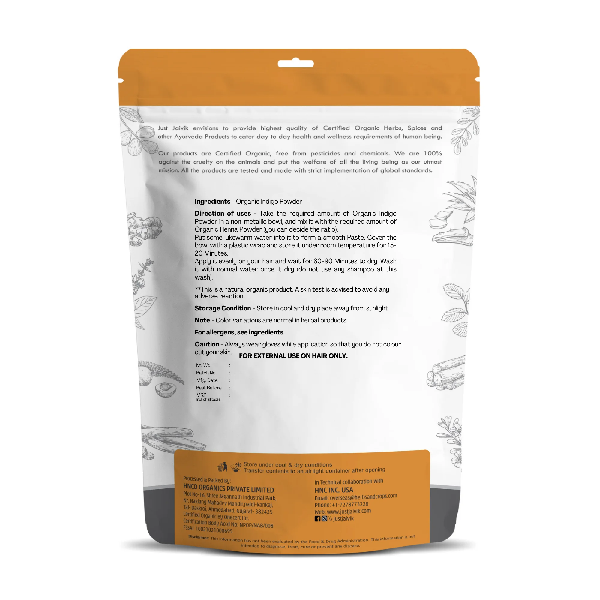 Just Jaivik Organic Indigo Powder (Indigofera tinctoria) - 100g Pack