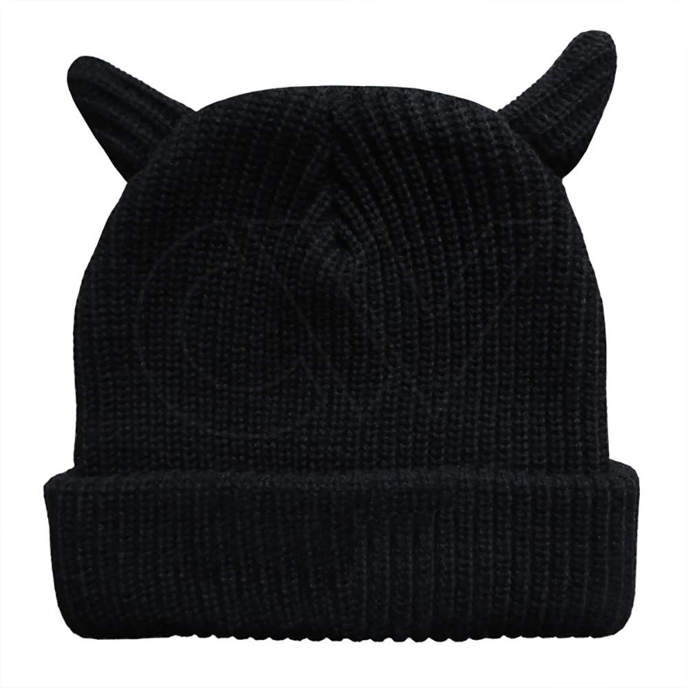 Winter Headwear Solid Black Hat Ribbed Blank Devil Knit Beanie with Horn