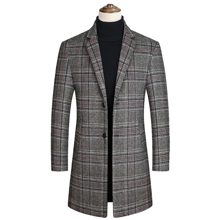 2022 Classic Single Breasted Plaid Trench Jacket Coat Mens Slim Fit Long Coat Winter Wool Coats for Men