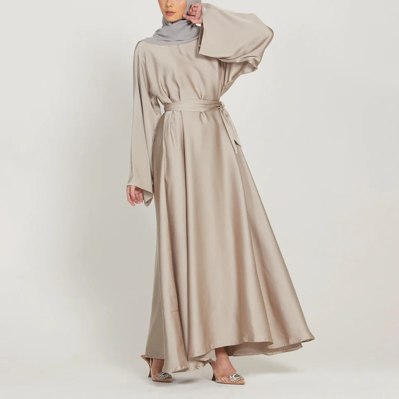 Custom Abaya Femmes Robe Musulmane Crew Neck Solid Color Women Maxi Dress Ladies Satin Muslim Long Dress Islamic Clothing