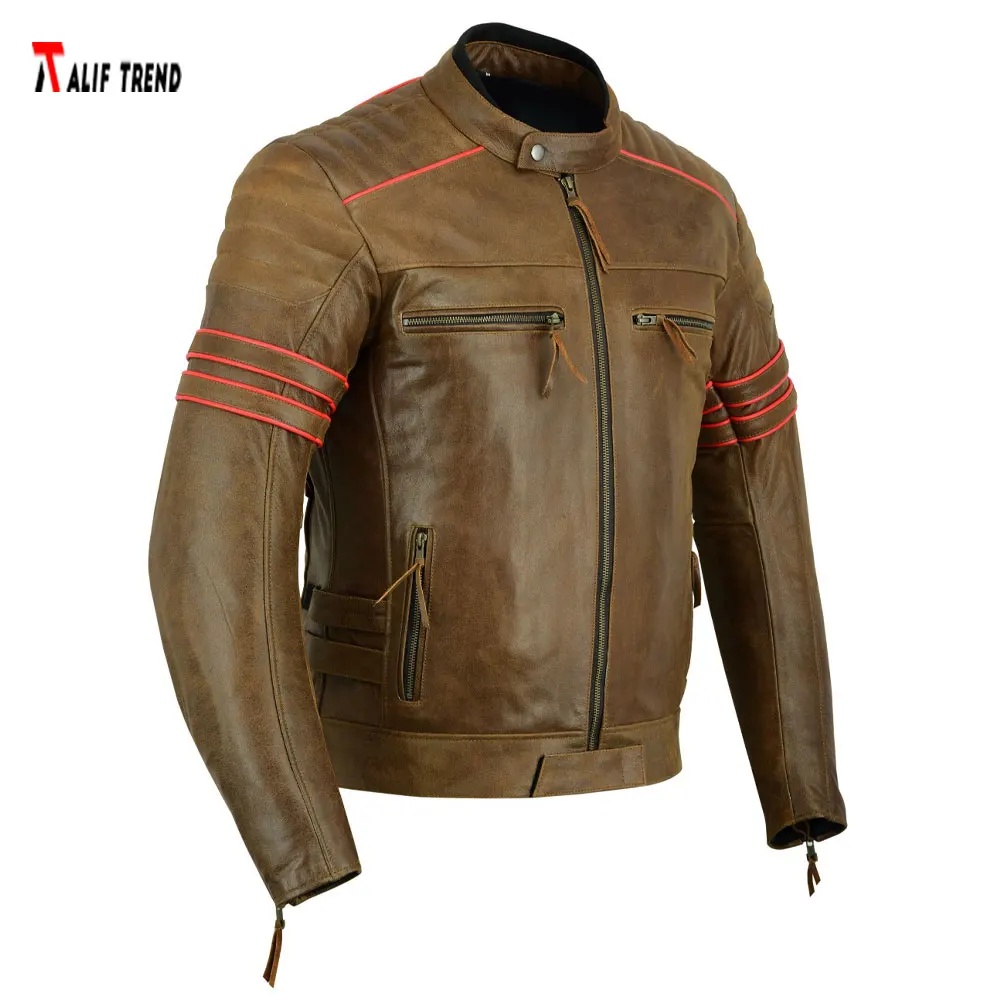 Ce certified armor protection 100% genuine leather motorcycle leather jacket custom made crispy brown men riding jackets racing