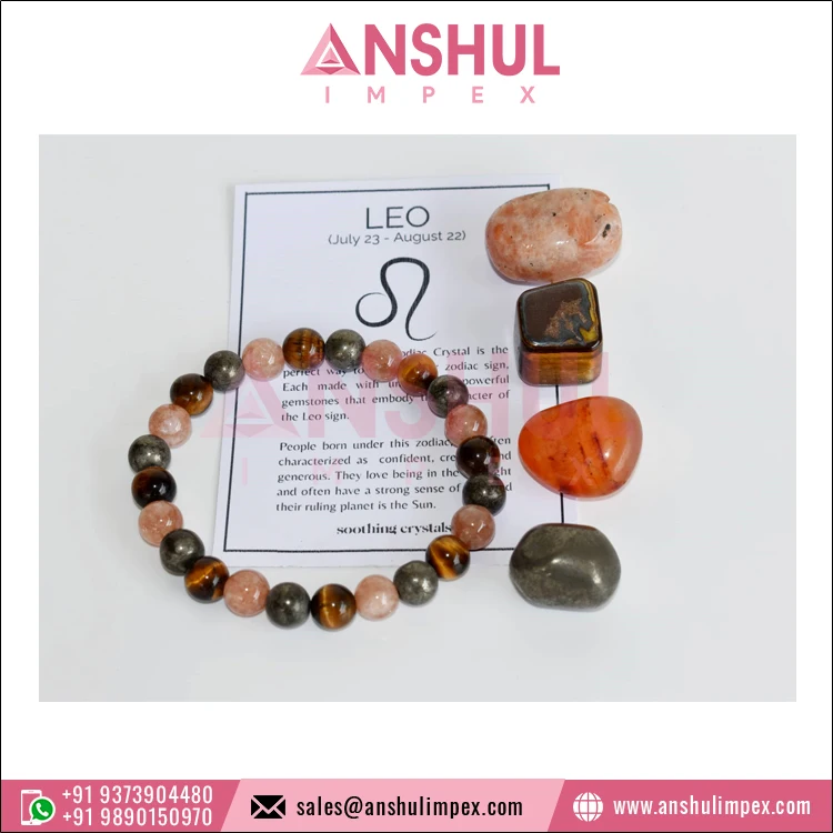 Exclusive Range of LEO Zodiac Crystals Kit Meditation Gift Birthstone Tumbled Stones Zodiac Stone Card Round Beads Bracelet Kit