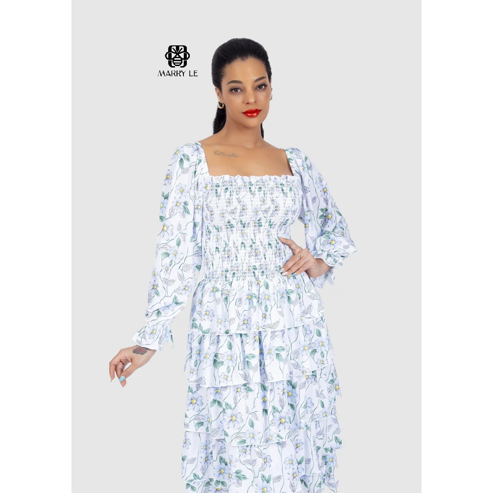 SQUARED NECK RUFFLE MIDI TIERED FLORAL DRESS - MD313 elegant and sweet dress high quality wholesale