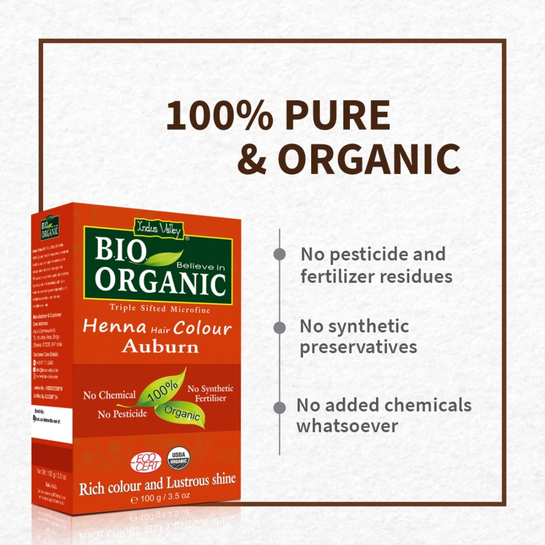 Indus Valley Bio Organic Natural Henna Powder for Hair Dye Auburn- 100gm (3.5 oz)