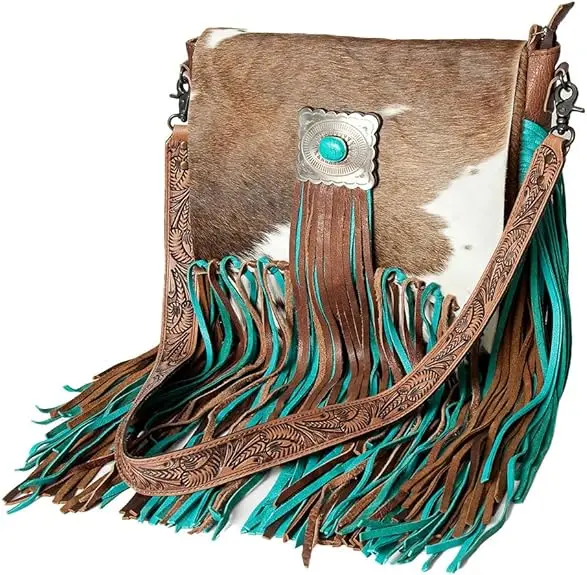 Western Stylish Tooled Leather Women Crossbody Bag With Fringes High Quality Western Genuine Leather Purse Cowgirl Messenger Bag