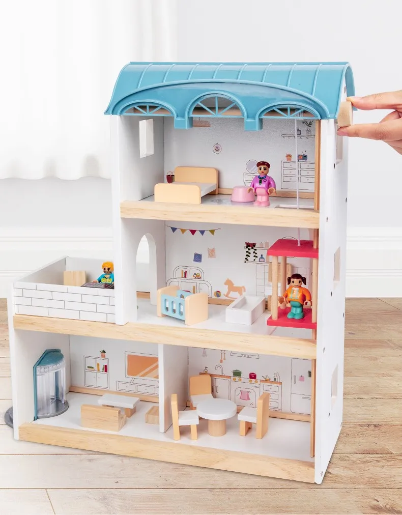 Hot Sale Dollhouse Play set Pretend Doll House Wooden Doll House with Furniture Accessories  for Girls Toddlers Gifts