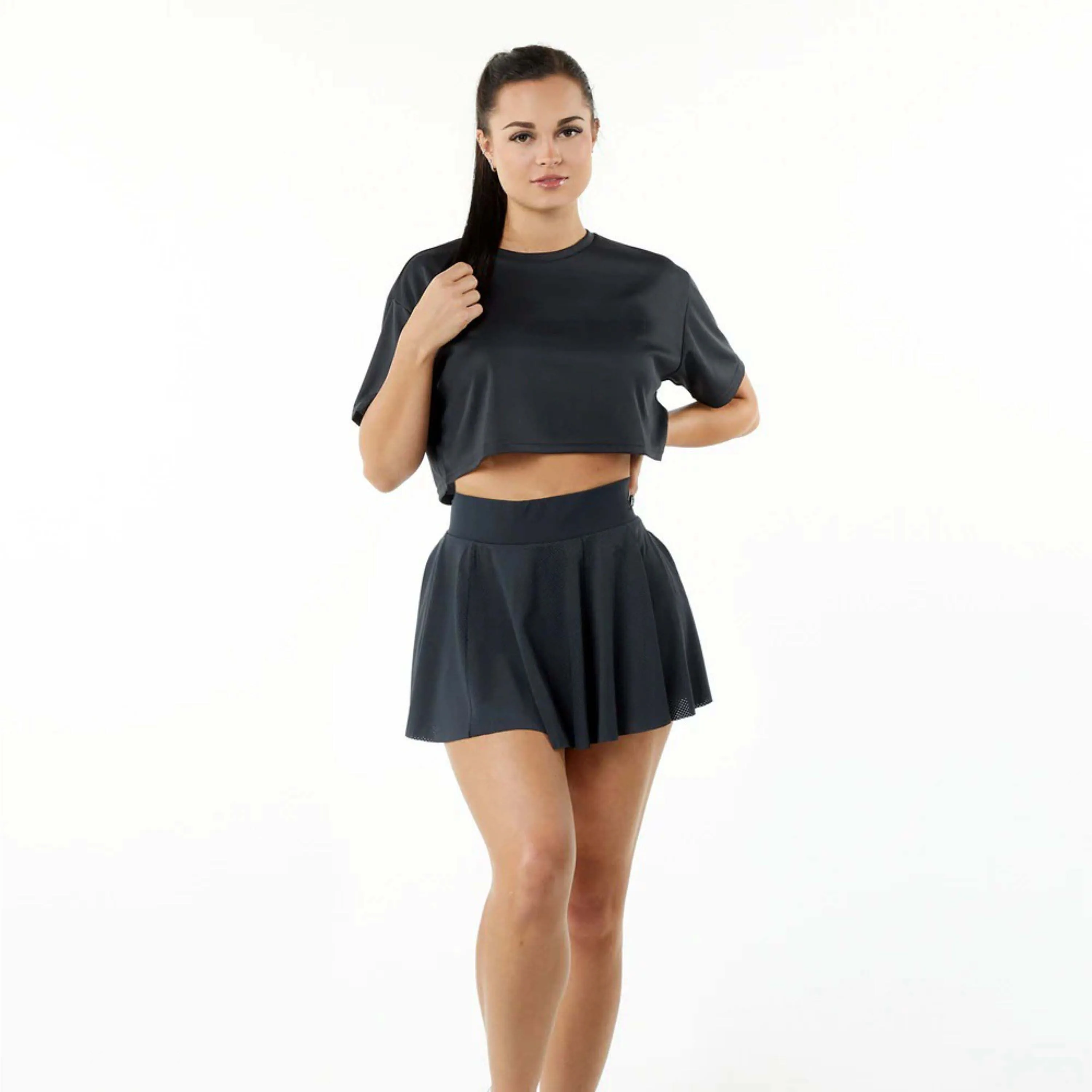 100% Polyester Jersey Knit Womens Compression Lined Mesh High Waisted Black Skirt with Compression Lined Short