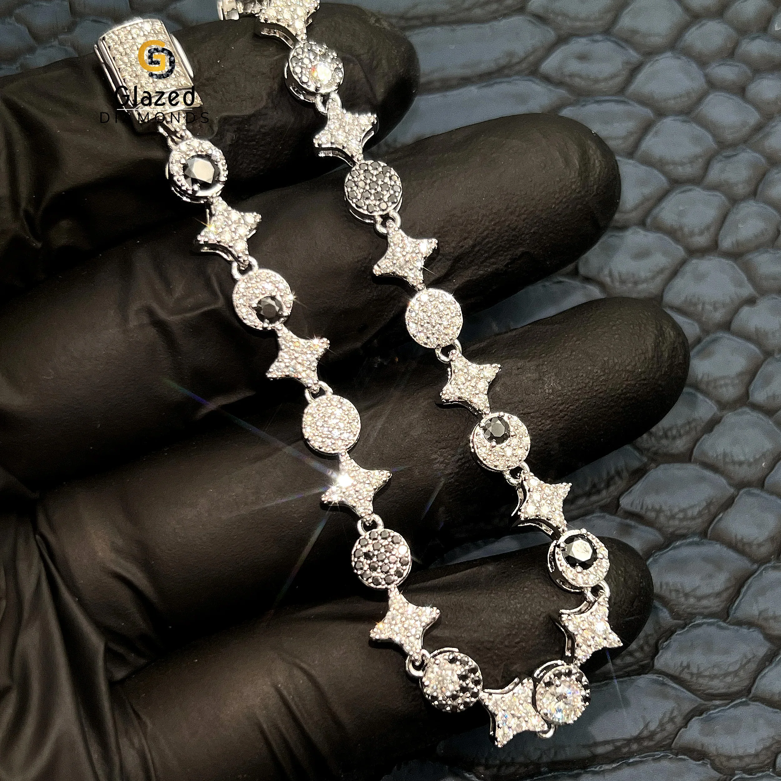 Exclusive 925 Sterling Silver Link Star Moon Party Wear Chain Crafted With Round Cut Moissanite Black And White Color Diamonds